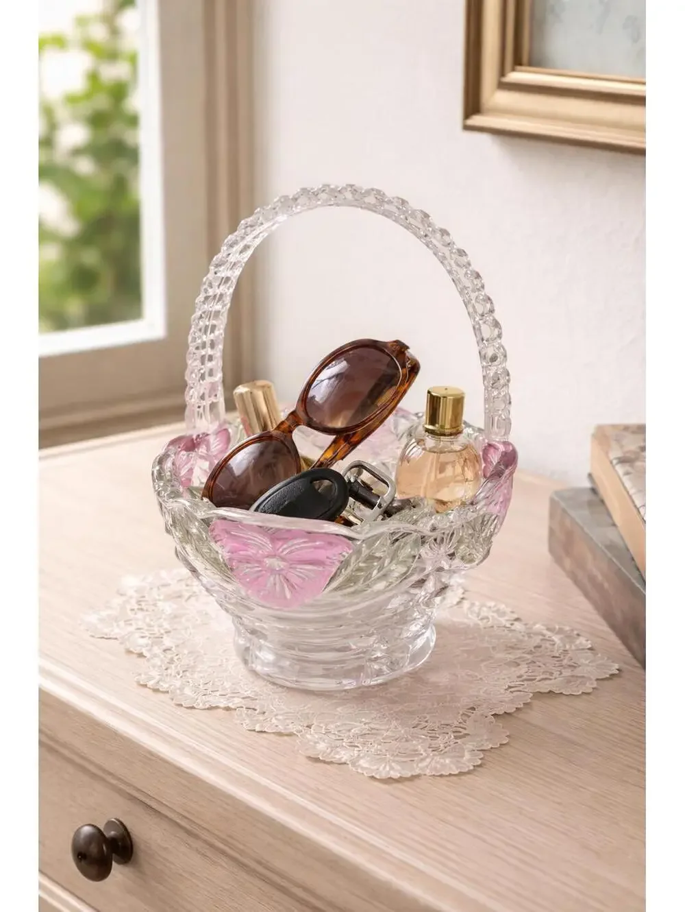 Vintage Handcrafted Anna Hutte Bleikristall Crystal Basket Pink Pressed Flowers